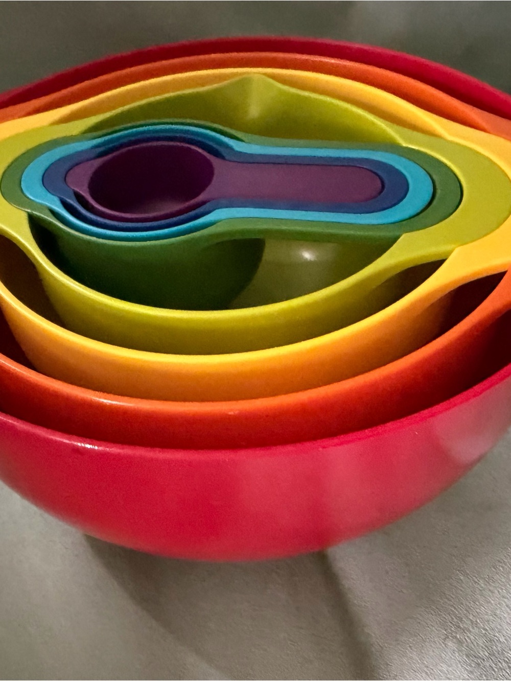 Rare coloured Joseph Joseph Nesting Rainbow Mixing Bowl/Measuring Spoon Set